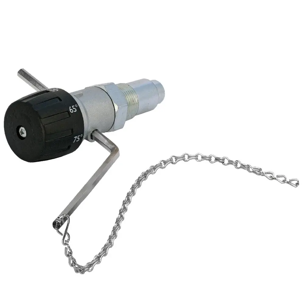 ESBE Regler mit schwarzem Einstellknopf und Metallschaft. Einfache Handhabung durch seitlichen Hebel. Mit Kette zur Sicherung. Anwendung in Heizsystemen erkennbar.